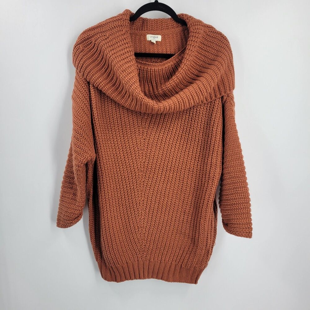 Umgee Sweater Orange Rust Long Tunic Cowl Neck Cable Chunky Knit Small